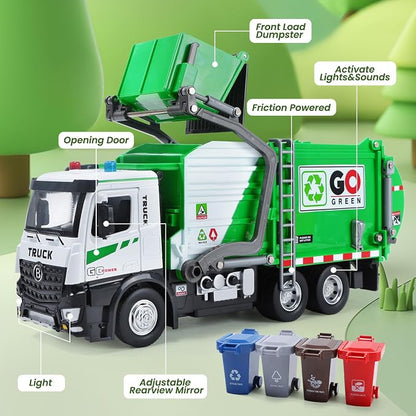 HOLYFUN 12'' Electric Garbage Truck Set with Front Loader/Metal Cab, Friction-Powered Recycling Vehicle with Dumpster, 4 Trash Bins & Sorting Cards, Trash Truck Toy with Lights/Sounds for Kids