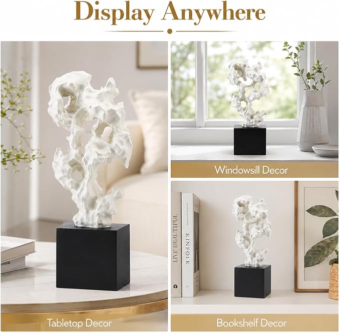 11.8" Modern Abstract Sculpture | Stone Home Decor, Resin White and Black Art Statues for Living Room, Coffee Table Centerpiece, TV Stand Shelf Bookshelf Decor