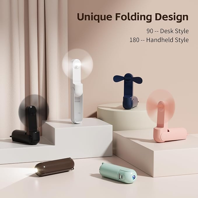 Morelax Portable Fan, Mini Handheld Fan with Power Bank, Cute USB Rechargeable Pocket Fan, Foldable Small Cooling Fan with LED Light, Personal Travel Fan,Summer,Beach Essentials,Summer Gift for Women