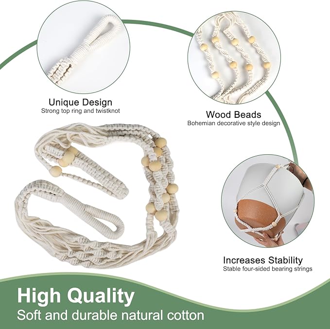 41.5 Inch Macrame Plant Hanger Indoor Outdoor with 12 Inch Flower Pot, Hanging Planter for Plants Holder with Wood Beads for Boho Home Decor (Ivory+White)