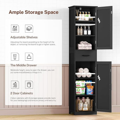 TEENFON Tall Bathroom Cabinet, Storage Cabinet with 6 Shelves & Drawer, Bathroom Storage Cabinet with Adjustable Shelves, Tall Cabinet for Living Room, Home Office, Black