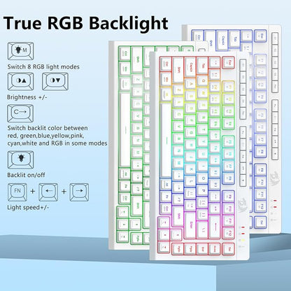 Redragon Wireless Gaming Keyboard, Portable 75% Compact,RGB Backlit, White | Bluetooth/2.4GHz/USB-C Wired, Mini Quiet Macro Membrane Keyboard, Rechargeable 4000mAh Battery, Anti-Ghosting for Win/MAC