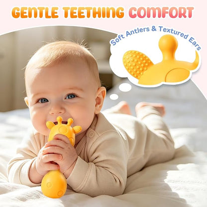 Baby Rattles Teething Toys 3-6 6-12 Month, Multi-Functional BPA-Free Silicone Teether Toys for Teething Relief & Sensory Rattle Play, Perfect Infant Newborn Toys & Baby Gifts (Yellow)