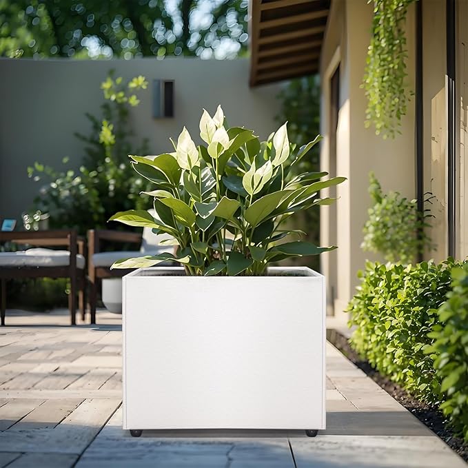 Planter Box Rectangular Block - 16×12×12IN Galvanized Steel Metal Long Box Planter Easy Installation Modern Outdoor Tall Planters All-Weather Use with Drainage Holes for Patio/Porch(White)