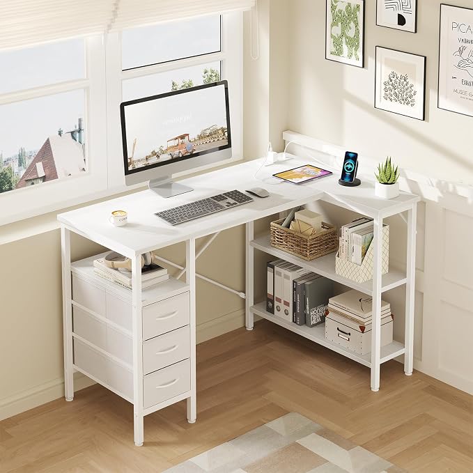 DUMOS L Shaped Desk with Drawers, Gaming Desk, 47 Inch | Power Outlet, Study Table, Adjustable Shelves, Home Office, Corner Computer Workstation, Bedroom, White