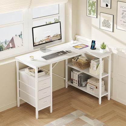 DUMOS L Shaped Desk with Drawers, Gaming Desk, 47 Inch | Power Outlet, Study Table, Adjustable Shelves, Home Office, Corner Computer Workstation, Bedroom, White