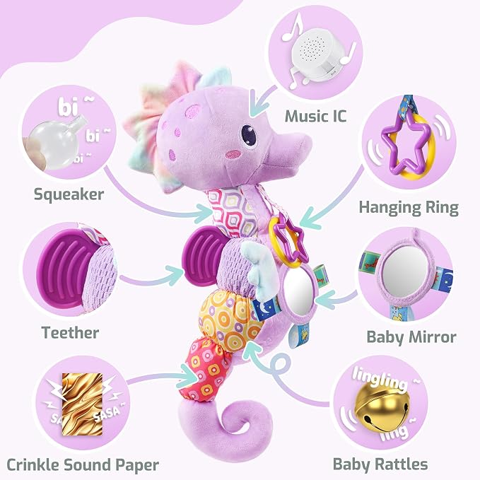 LIGHTDESIRE Baby Toys Musical Seahorse Sensory Infant Toys 0-6-12 Months | Stuffed Animals with Mirror|Crinkle|Rattle Baby Teething Toys Tummy Time for Newborn Boys Girls Shower Birthday Gifts