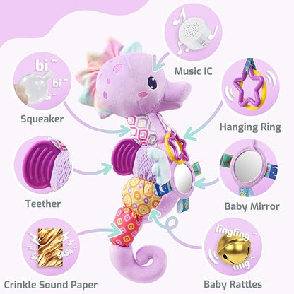 LIGHTDESIRE Baby Toys Musical Seahorse Sensory Infant Toys 0-6-12 Months | Stuffed Animals with Mirror|Crinkle|Rattle Baby Teething Toys Tummy Time for Newborn Boys Girls Shower Birthday Gifts