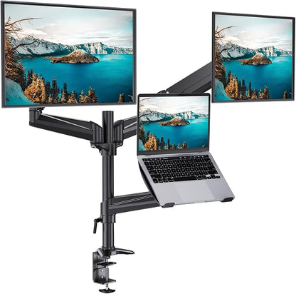 HUANUO Dual Monitor and Laptop Mount for Max 32” Monitor and 17” Laptop, Adjustable Arm with Tilt, Swivel and Rotation, Dual Monitor and Notebook Stand with VESA Bracket 75/100 mm