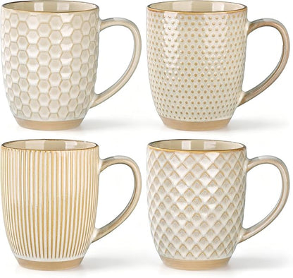 GBhome Large Coffee Mugs Set of 4, 16oz Handmade Embossed Coffee Mugs Set with Large Handle for Cappuccino/Latte/Tea/Hot Cocoa, Dishwasher & Microwave Safe, Khaki