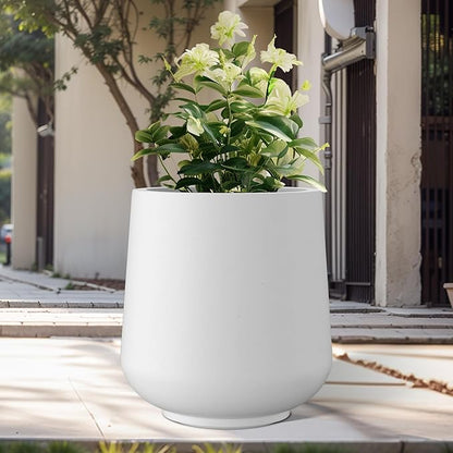 Kante 15.3" Dia Round Concrete Planter, Outdoor Indoor Large Plant Pots Containers with Drainage Hole and Rubber Plug for Home Garden Patio, Snow White