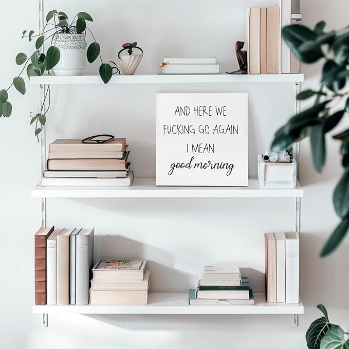 Funny Office Decor Office Desk Decor Aesthetic Office Cubicle Decor and Here We F*cking Go Again I Mean Good Morning Office Shelf Decor Office Decorations for Work Funny Office Gifts (5x5inch)