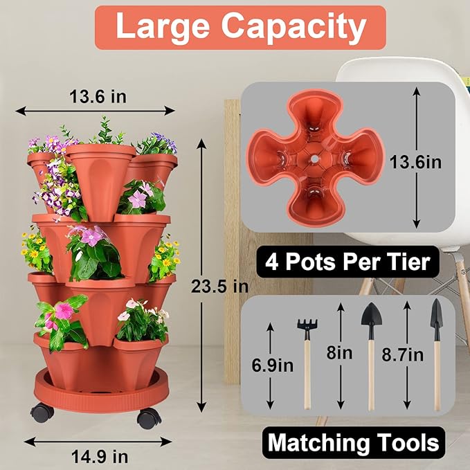 DUNCHATY Stackable Planters 4 Tier Vertical Garden Planting Tower Planters Strawberry, Herb, Flower, and Vegetable Planter Indoor Outdoor Gardening Pots with Removable Wheels and Tools, 2 Bundle