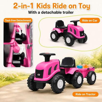 Kids Ride on Tractor, 2 in 1 Foot to Floor Push Car w/Detachable Trailer, Horn, Rake & Shovel, No Power Sliding Toy Gift for Toddlers, Outdoor Ride on Construction Vehicle (Pink)