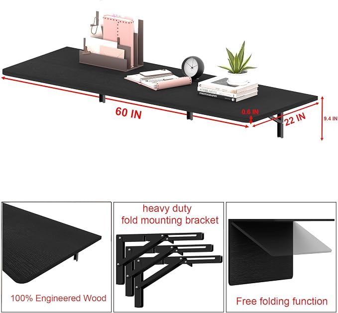 IAE 60x22in Floating Fold Desk,Wall-Mounted Folding Computer Table,Black | Study Table with Shelf Brackets,Foldable Down Shelf with Engineered Wood,Fold Computer Desk for Small Apartment,Holds 515 lb