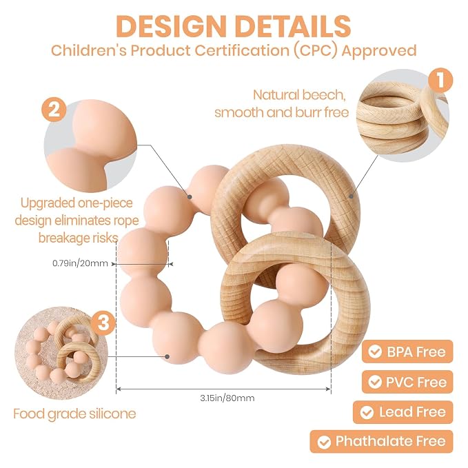Socub Baby Teething Toys for 0-6 6-12 Months- BPA-Free Food-Grade Silicone & Natural Beech Wood Teether Ring for Newborn Infants Teething Relief- Easy-Grip Sensory Rattle Toys(Blush)