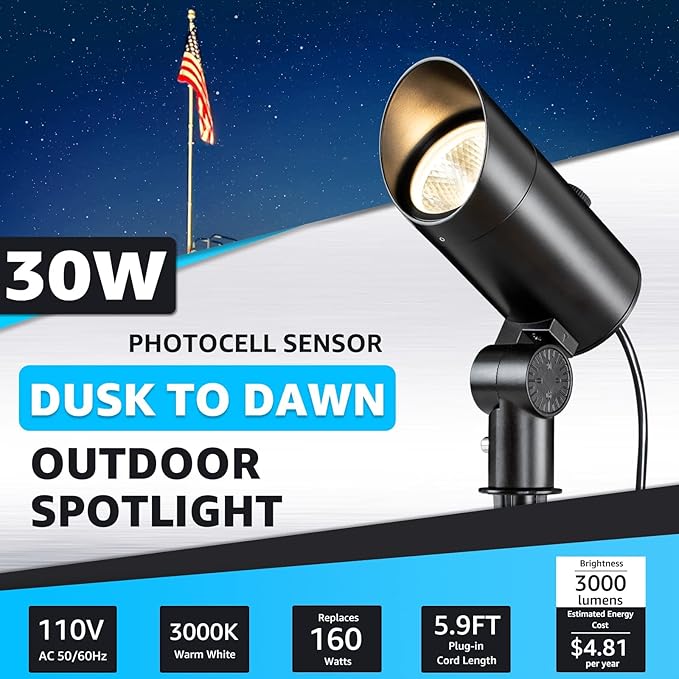 SUNVIE 30W Spot Lights Outdoor 120V Dusk to Dawn Outdoor LED Spotlight Plug in with Photocell Sensor 3000K Waterproof Bright Flag Pole Light for Yard Tree Garden Landscape Lighting with Stake 6FT Cord