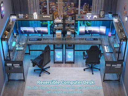 Aheaplus L Shaped Desk with Power Outlet, L Shaped Gaming Desk with Led Light & Hutch, Reversible Home Office Desk, Corner Computer Desk Writing Desk with Monitor Stand & Storage Shelves, Grey Oak
