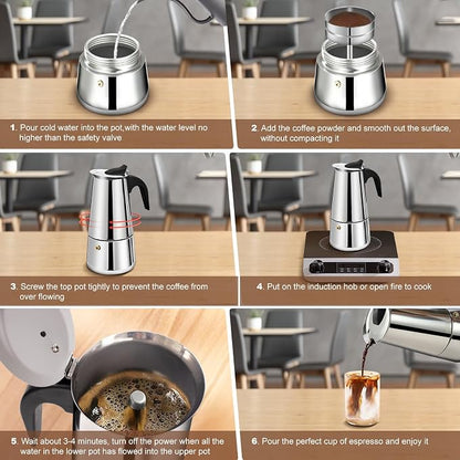 12 Cup Stovetop Espresso Maker Stainless Steel Moka Pot Stove Top Percolator Italian Coffee Makers Capable Mocha Greca Machine Cafe Classic Induction Cookers for Home and Camping 600ml 20oz