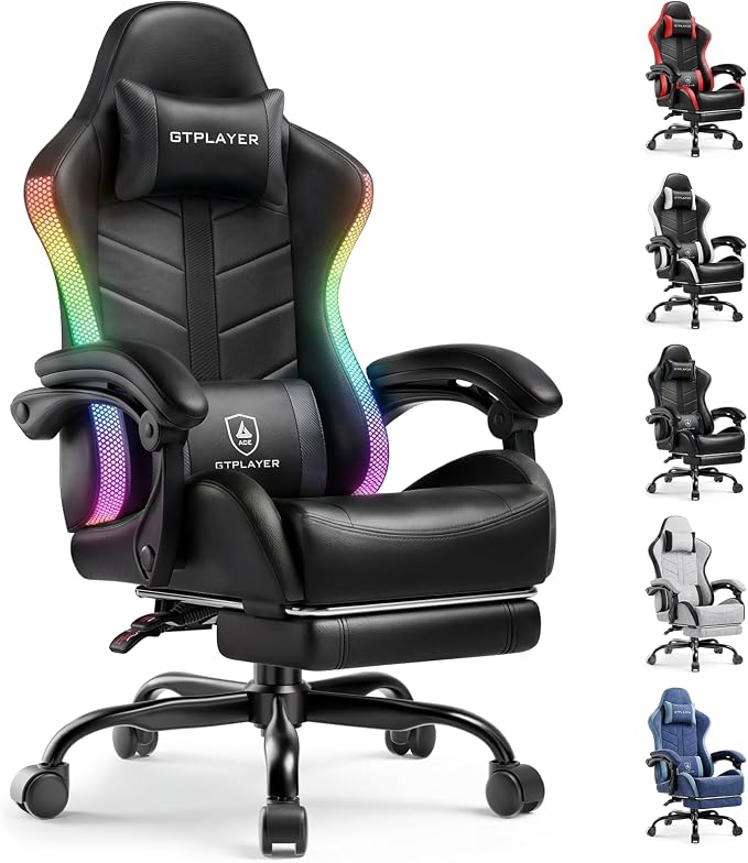 GTPLAYER RGB Gaming Chair with Footrest, Computer Gaming Chair with LED Lights for Adults, Height Adjustable PC Gamer Chair with 90-155° Recline & Removable Headrest Lumbar Support, RGB Black
