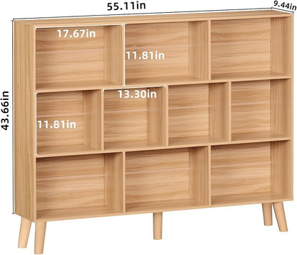 LEYAOYAO 10 Cube Bookshelf,3 Tier 55.12" Wide Boho Bookcase with Legs,Mid-Century Wood Bookshelves Storage,Natural Large Book Case,Freestanding Organizer Display Shelf for Bedroom,Living Room,Office