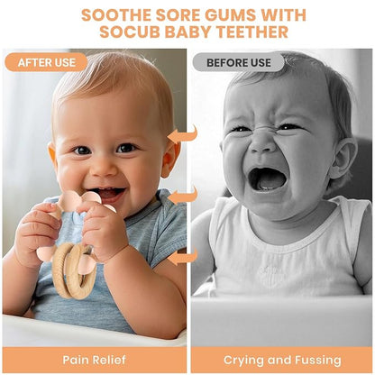 Socub Baby Teething Toys for 0-6 6-12 Months- BPA-Free Food-Grade Silicone & Natural Beech Wood Teether Ring for Newborn Infants Teething Relief- Easy-Grip Sensory Rattle Toys(Blush)