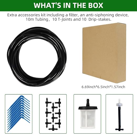 Solar Automatic Drip Irrigation Kit System, JIYANG Solar Powered Auto Easy DIY Watering Device Supported Pots Plants, 6-12 Timing Modes With Anti-Siphoning Device (Expansion Kit/Extra Accessories Kit)