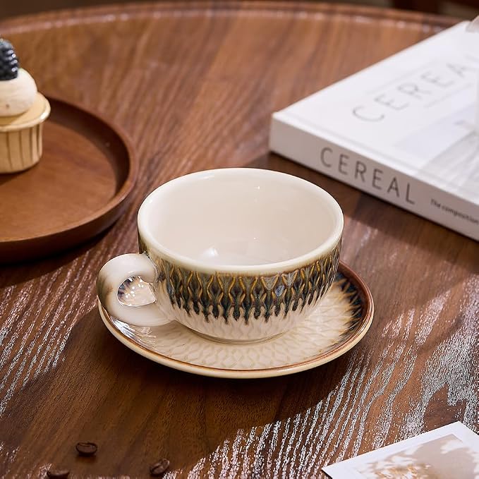 Coffeezone Vintage Design 12 oz Ceramic Latte Art Cappuccino Barista Cup with Saucer (Embossed Vintage)