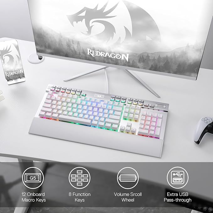 Redragon K550 RGB Gaming Keyboard, 104 Keys + 12 Macro G Keys Wired Mechanical Keyboard w/Aluminum Top Plate, Custom Clicky Purple Switch, Extra USB Port & Wrist Rest