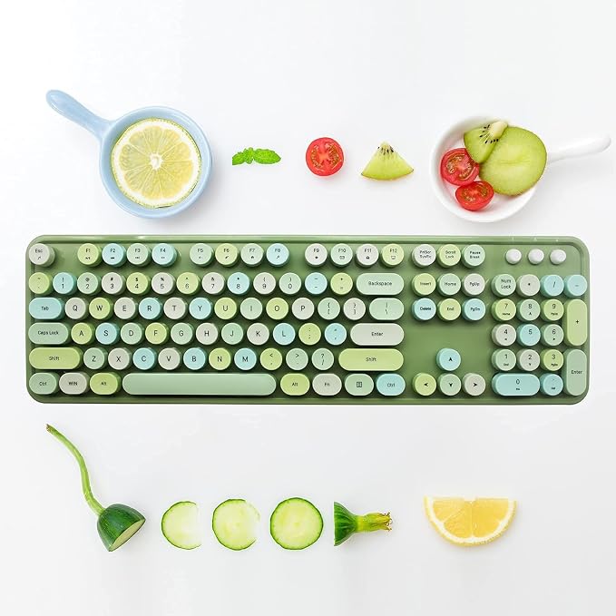 Guffercty kred Green Colorful Wireless Keyboard Mouse, Cute Retro Typewriter Round Keycaps 2.4GHz Dropout-Free Connection for Laptop/PC (Multicolor Green)