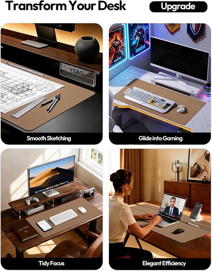 YSAGi Desk Protector&Blotter, Non-Slip Waterproof Leather Mouse Pad | Shields Scratches, Stains, Spills, Heat & Scuffs; Suede Non-Slip; Easy-Clean; Comfy Writing/Typing, 31.5" x 15.8",Khaki