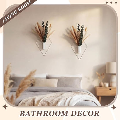 Jexine 4 Pcs Hanging Planters with Artificial Pampas White Metal Hanging Vase Indoor Plants Holder Modern Geometric Boho Bathroom Wall Decor for Living Room Home Office