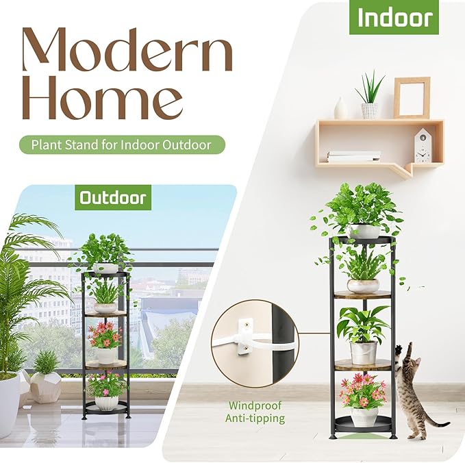 iDavosic.ly 4 Tier Corner Plant Stand Indoor, 45 Inch Tall Vertical Metal Flower Heavy Duty Pot Holder Shelf Outdoor for Patio Porch Living Room, Modern Black & Rustic Brown - Round