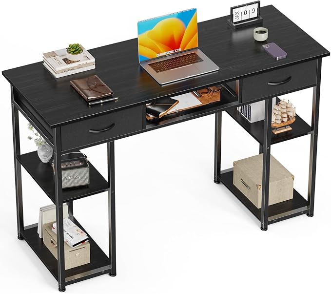 47 Inch Computer Desk with 2 Drawers, Home Office Desk with Wooden Shelves, Study Writing PC Table for Small Spaces, Bedroom, Dorm or Living Room, Black