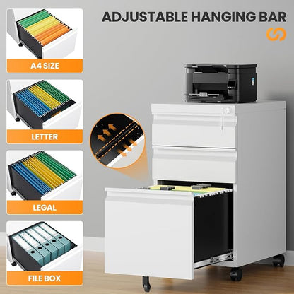 3 Drawer Mobile File Cabinet with Lock, Rolling File Cabinets for Home Office, Under Desk Small File Caninet on wheels, Metal Vertical White Filing Cabnet for Legal/Letter/A4 - Assembly Required
