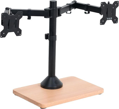 VIVO Dual Monitor Desk Stand for 13 to 32 inch Screens, STAND-V002FD-B | Articulating, Freestanding Adjustable Monitor Arm, Black with Wood Base, Computer Stand for 2 Monitors, Holds 22 lbs Each