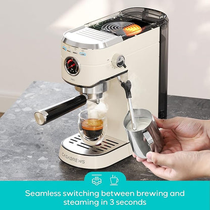 CASABREWS 5418 PRO Compact Espresso Cofee Machine with Fast Heating System | Brew Ready in 5 seconds, Brews 2+ milk drinks in a row, 20-Bar Pump, Built-in Pressure Gauge, Pro Steam Wand for Lattes
