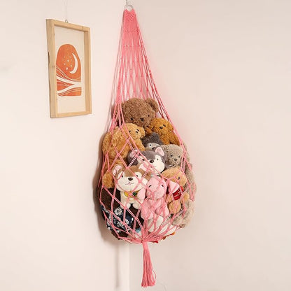 Amdermi Stuffed Animal Net or Hammock Corner Hanging Net for Stuffy Animal Storage Macrame Toy Display Plush Toy Holder Wall Pet Net for Nursery Kid Bedroom Decor Playroom Organizer (Pink)