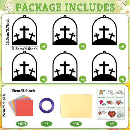 Qyeahkj 36 Set Easter Jesus Cross Suncatchers Crafts for DIY Christian Religion Cross Window Tissue Paper Craft Kit Hanging Decor for Home Activity Art Project Birthday Party Favor