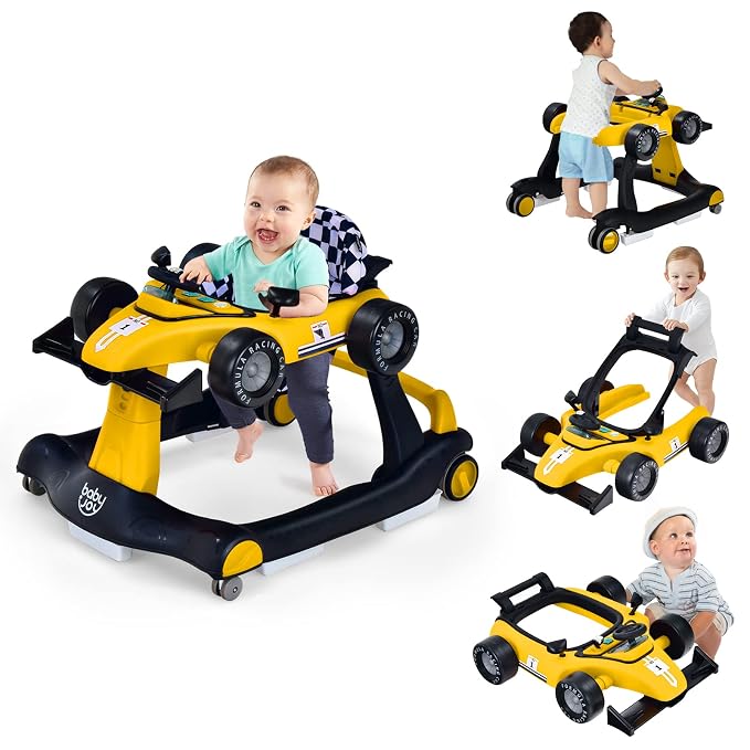 BABY JOY 4-in-1 Baby Walker, Foldable Activity Walker with Adjustable Height & Speed, Music, Lights, Anti-Rollover, Toddler Push Walker, Baby Walker with Wheels for Boys Girls 6-18 Months (Yellow)