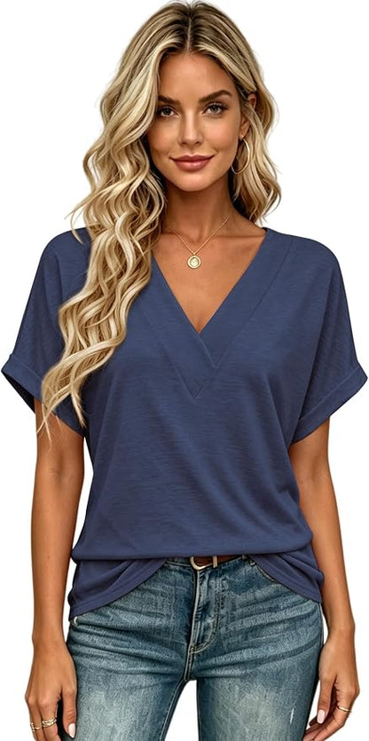 T Shirts Short Sleeve V Neck Tees Womens Tops Beach Vacation Fashion Clothes 2026 Casual Summer Spring Fall Outfits