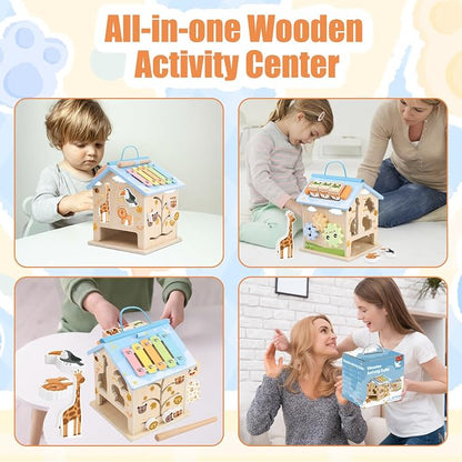 Wooden Activity Cube Montessori Toys for 6 Months Old 1 2 3 Years Toddlers Boys Girls 8-in-1 Baby Activity Center Birthday Gifts Shape Sorter Educational Learning Wood Cube