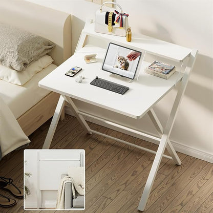 GreenForest Folding Desk No Assembly Required Large Size, 2-Tier Foldable Computer Desk with Shelf for Home Office, Space Saving Portable Laptop Study Foldable Table for Bedroom, White | Portable Foldable Table for Laptop, 2-Tier Compact with Shelf, Sp...