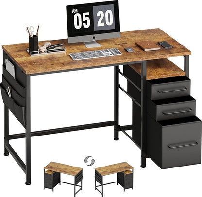 Maihail Small Desk with Drawers, Office Desk with Storage Shelves, Brown | 40 Inch Desktop, Metal Frame, 3 Fabric Drawers, Storage Shelves, Computer & Writing Desk, Office Gaming Workstation