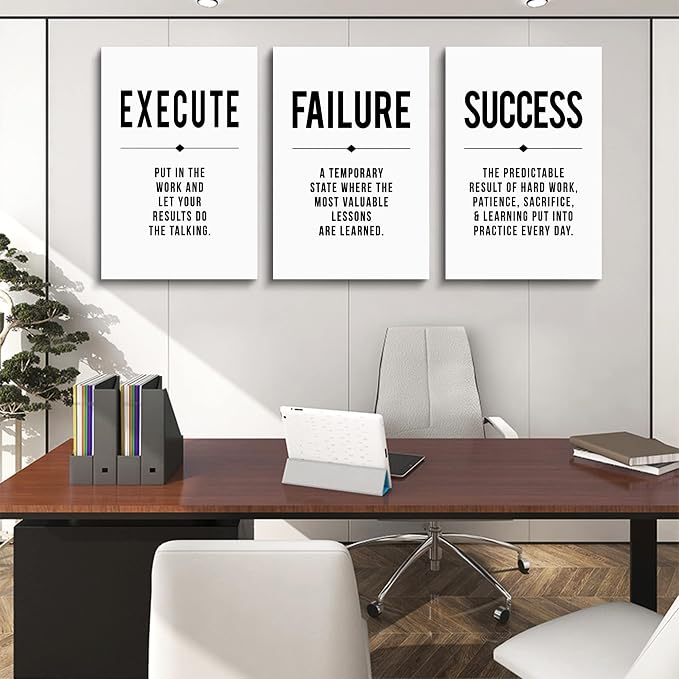 Framed Canvas Wall Art Success Quote, Office Wall Art, Black Large Poster, Positive Motivational Set of 3 Prints, Execute Failure Success Poster, Inspirational Print (D-3pcs,16x24inchx3pcs)