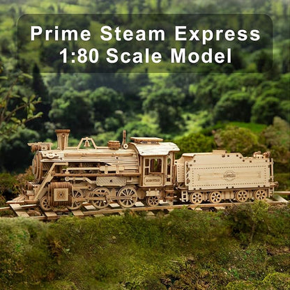 ROKR 3D Wooden Puzzle for Adults-Mechanical Train Model Kits-Brain Teaser Puzzles-Vehicle Building Kits-Unique Gift for Teens on Birthday/Christmas Day(1:80 Scale)(MC501-Prime Steam Express)