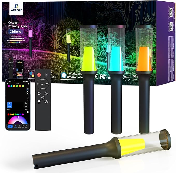 APPECK Pathway Lights,RGBCW Walkway Lights with APP Control,4 Pack | IP65 Waterproof,Low Voltage Landscape Lighting 800LM,Color Changing,for Garden, Yard, Patio,Compatible with Alexa