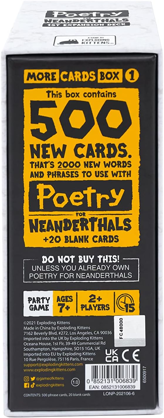 Exploding Kittens Poetry for Neanderthals Expansion Pack 2+ Players - Ages 7+ - 15 Minutes to Play - Original Game Required, 500 Cards - Party Game, Family Game Night, Kid and Adult Card Game