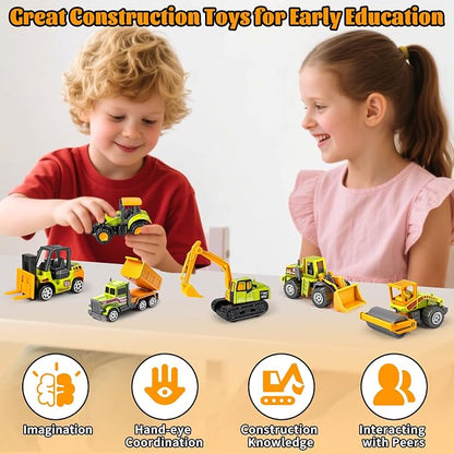 6 Pack Construction Toy, Mini Diecast Farm Tractor Toy Construction Trucks for Kids Boys Age 3-5 6 7, Excavator, Forklift, Dump Truck- Model Car Toys for Toddlers Birthday Gift Goodie Bag Stuffers