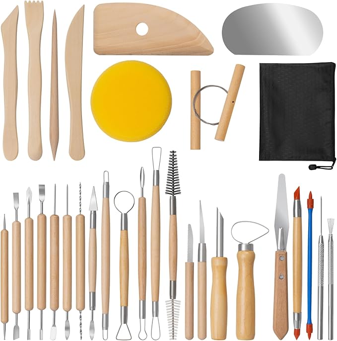 Amrules Clay Tools Kit, 31 PCS Pottery Tools, Practical Polymer Clay Sculpting Tools Kit, Air Dry Clay Tools Set for Beginner, Adults, Pottery Craft, Carving, Drawing, Molding, Modeling, Shaping